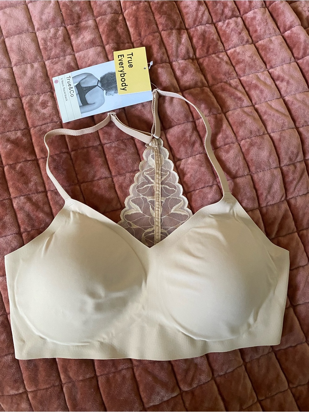 NWT true&co v neck wireless racerback bralette. Nude